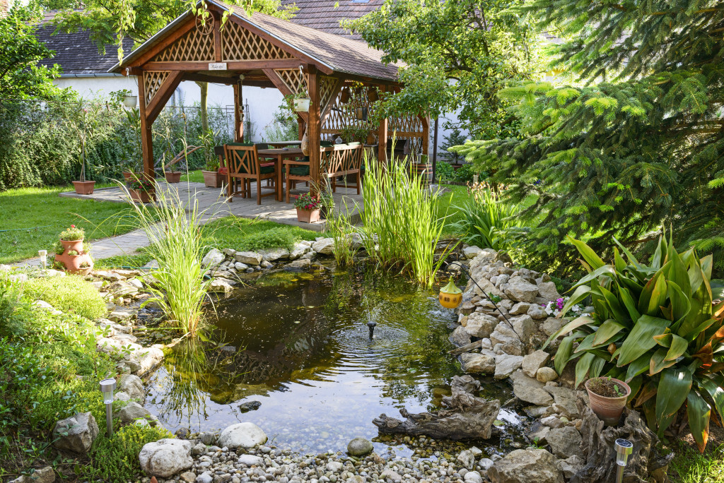 Beautiful backyard landscape with water feature